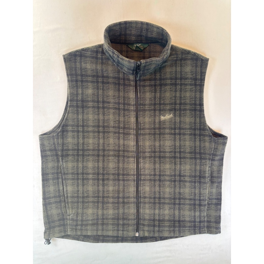 Woolrich Mens XL Fleece Vest Plaid Full Zip Olive Green Brown Mock Neck Cinchhem